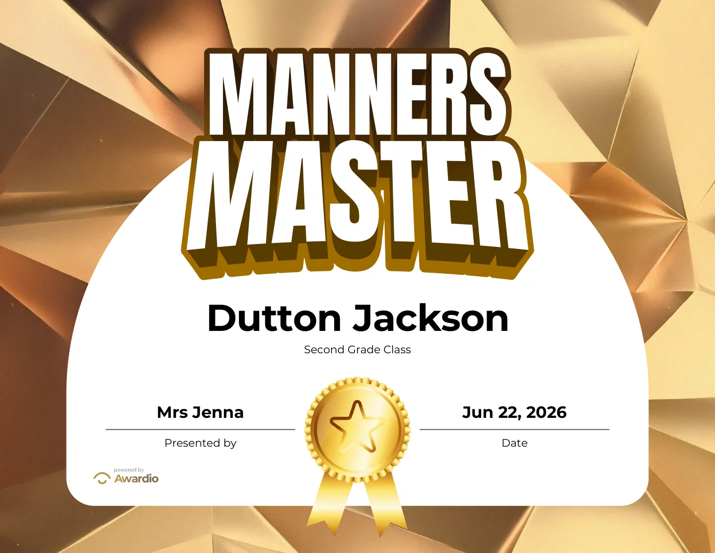 Manners Master certificate to reward a student's effort