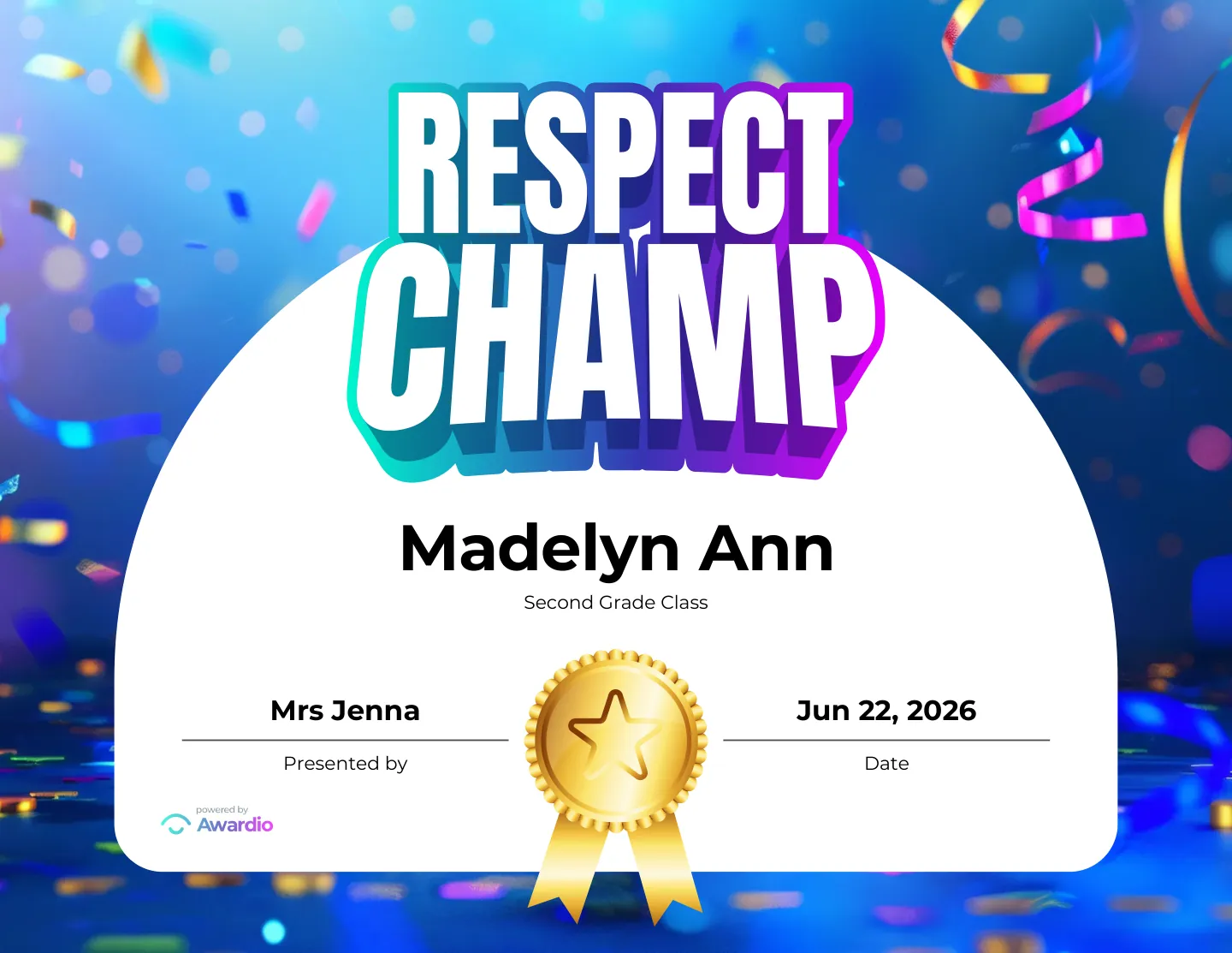 Respect Champ certificate to reward a student's effort