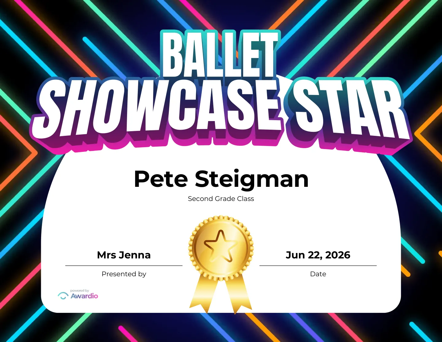 Ballet Showcase Star certificate to reward a student's effort