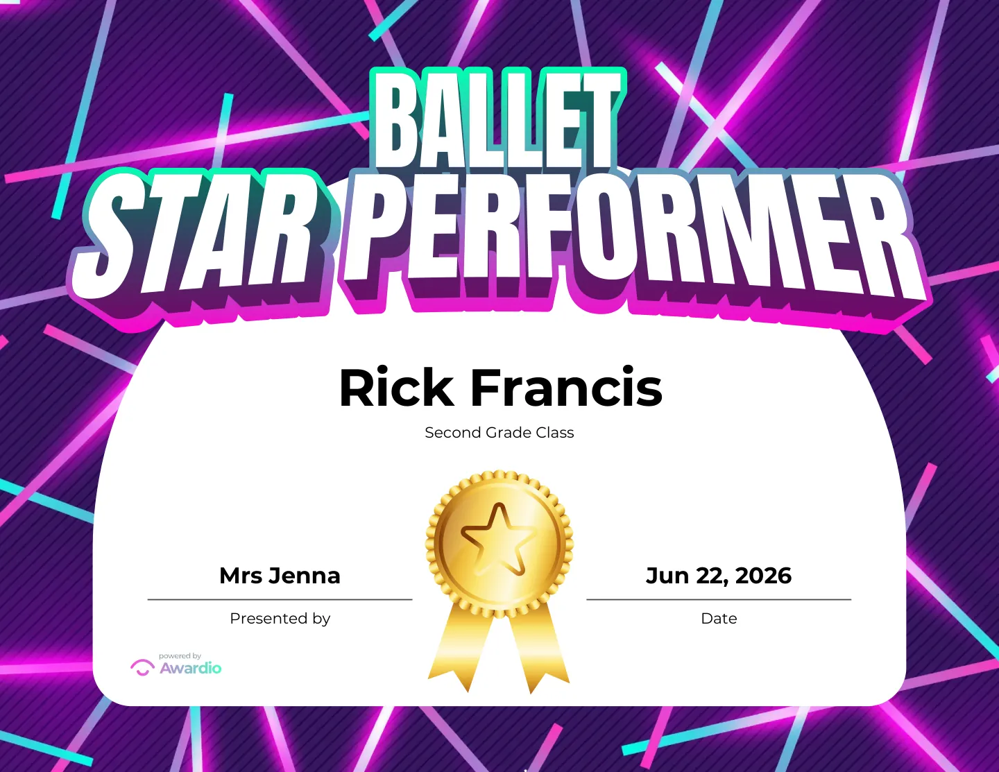 Ballet Star Performer certificate for the classroom or to send home