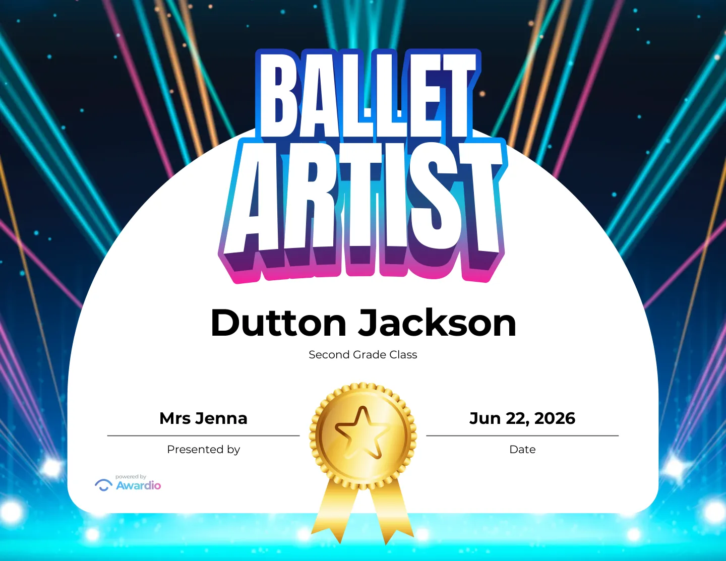 Ballet Artist certificate to reward a student's effort