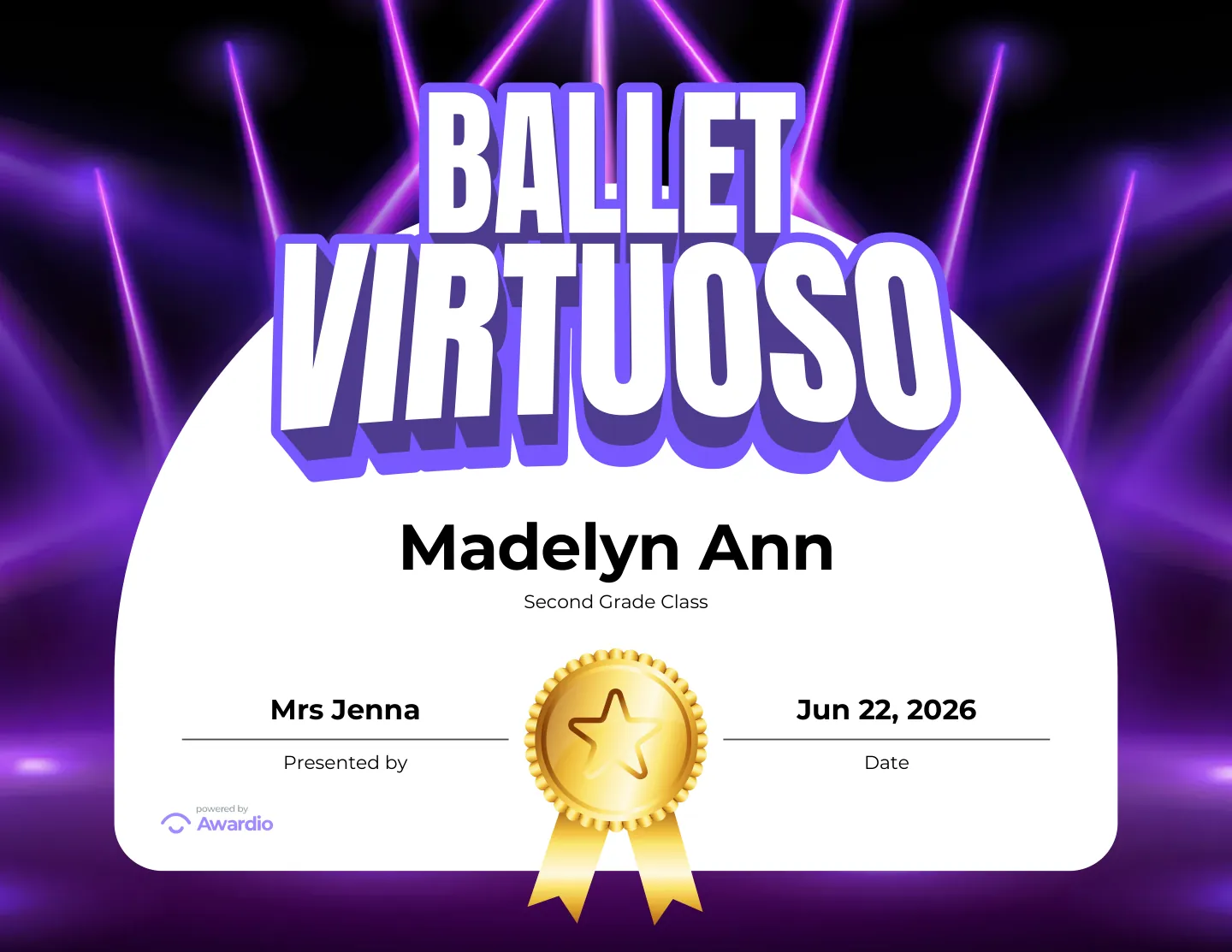 Ballet Virtuoso certificate to reward a student's effort