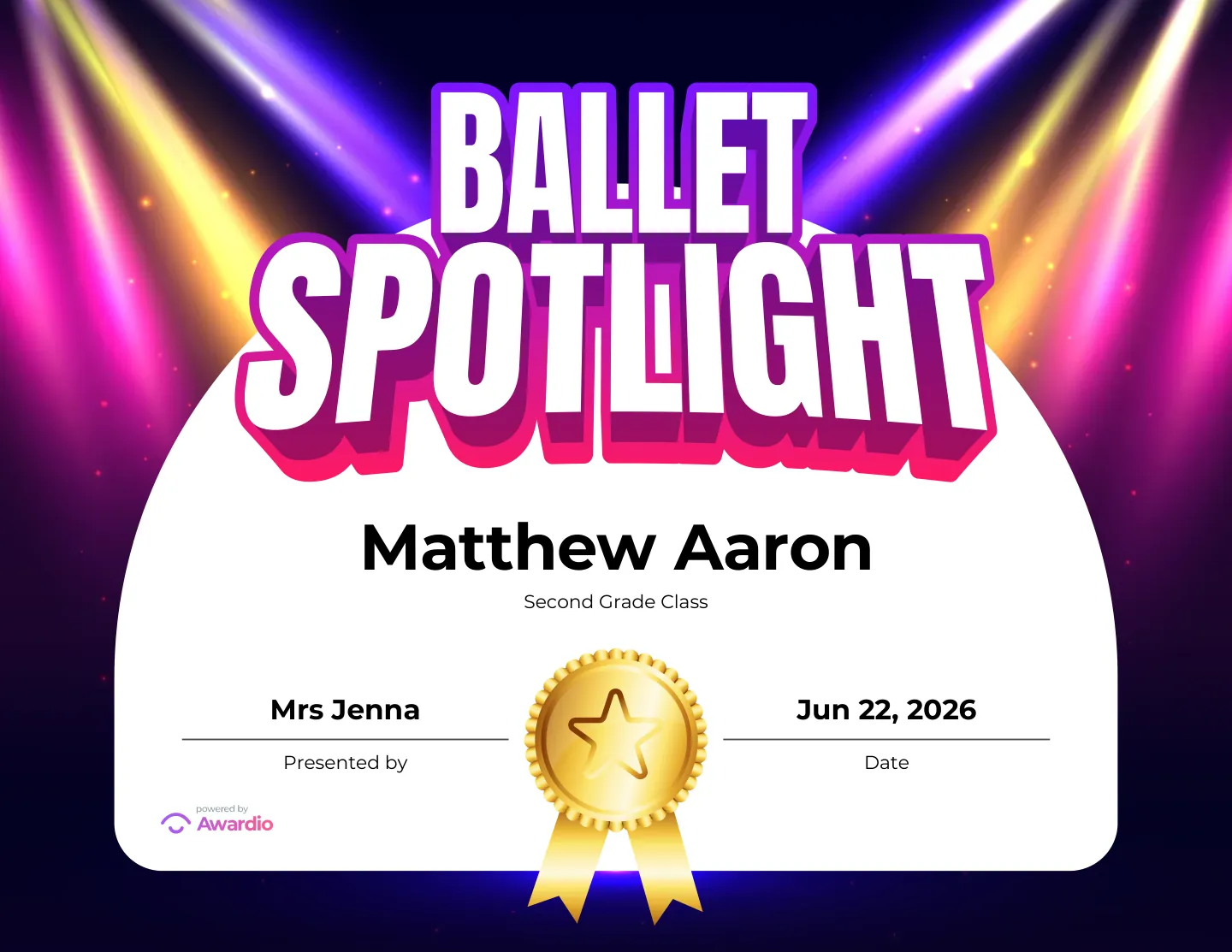 Ballet Spotlight ballet certificate you can personalize and print