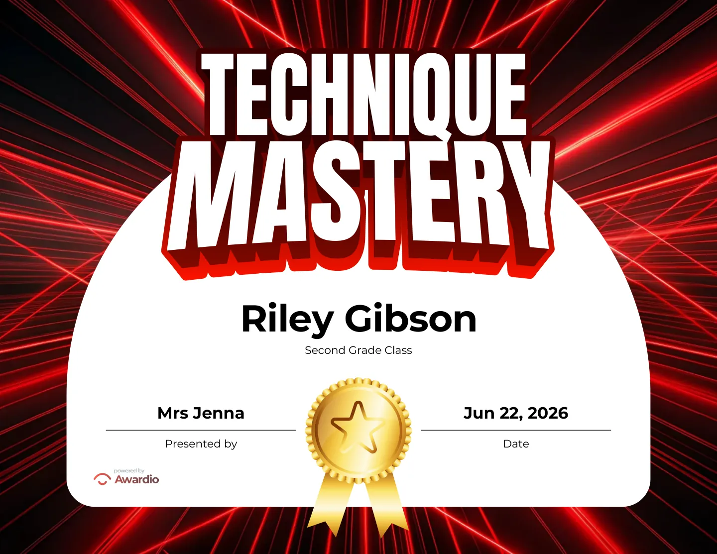 Technique Mastery certificate, a free printable martial arts award template
