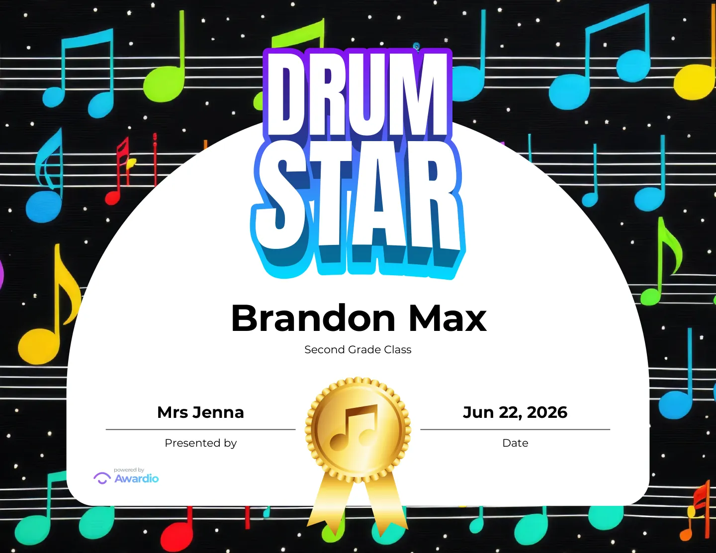 Drum Star drums award certificate you can personalize and print