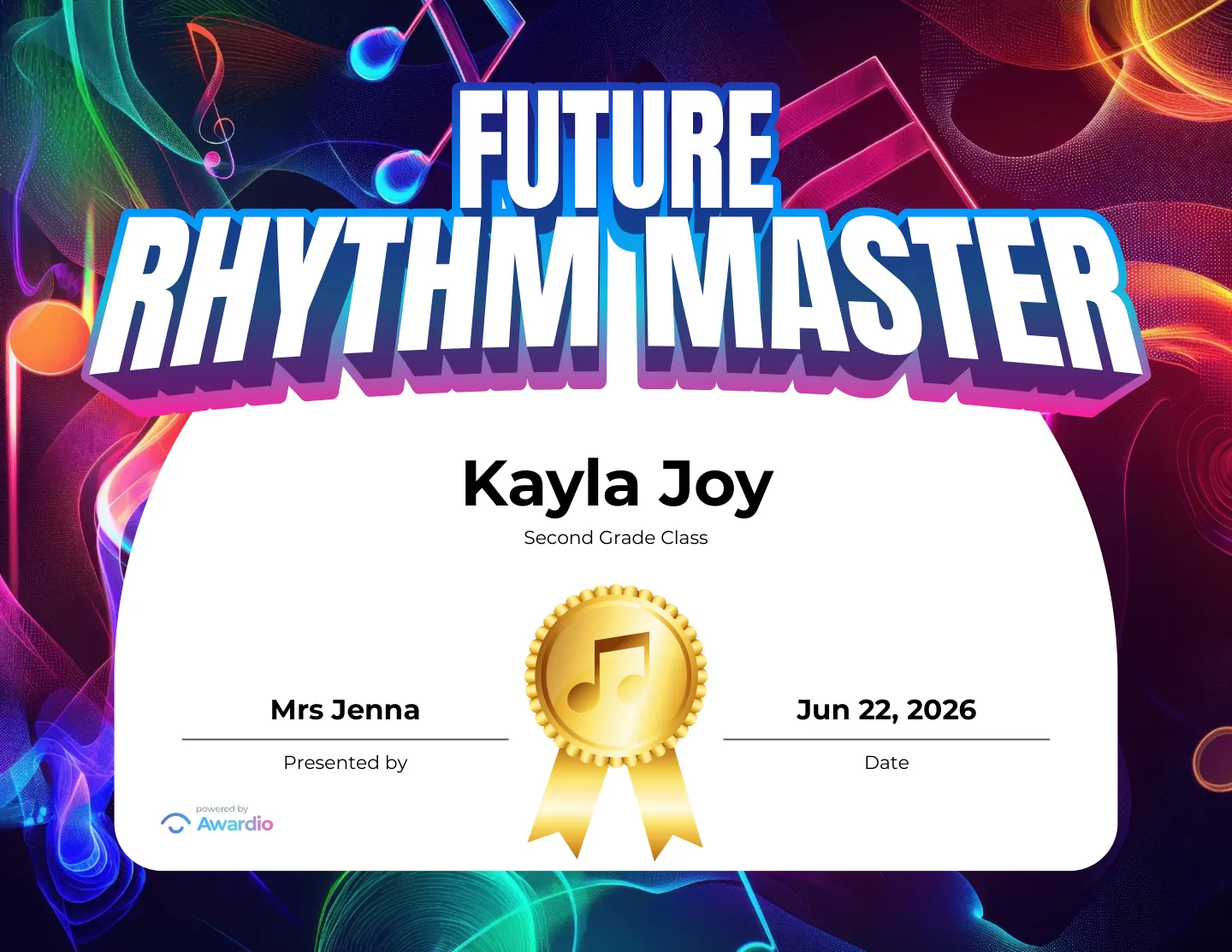 Future Rhythm Master drums award certificate for the classroom or to send home to parents