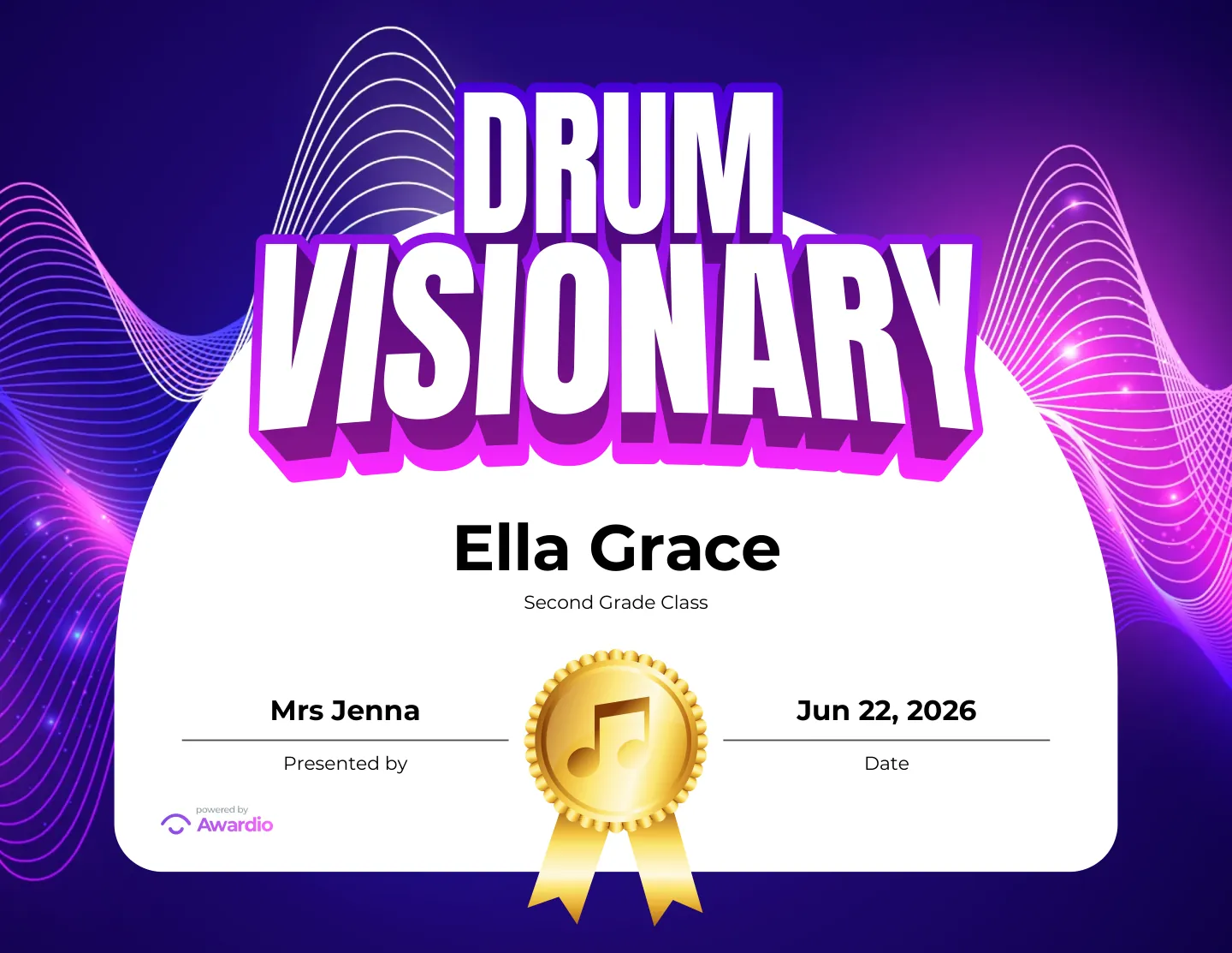 Drum Visionary drums award certificate made in seconds with the free Awardio app