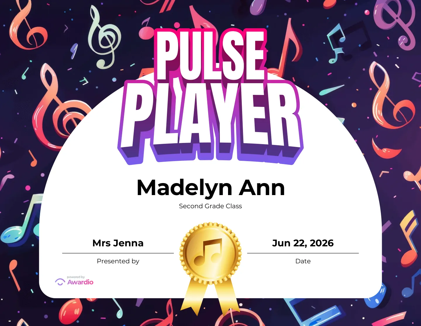 Pulse Player drums award certificate, a printable award kids are proud to receive