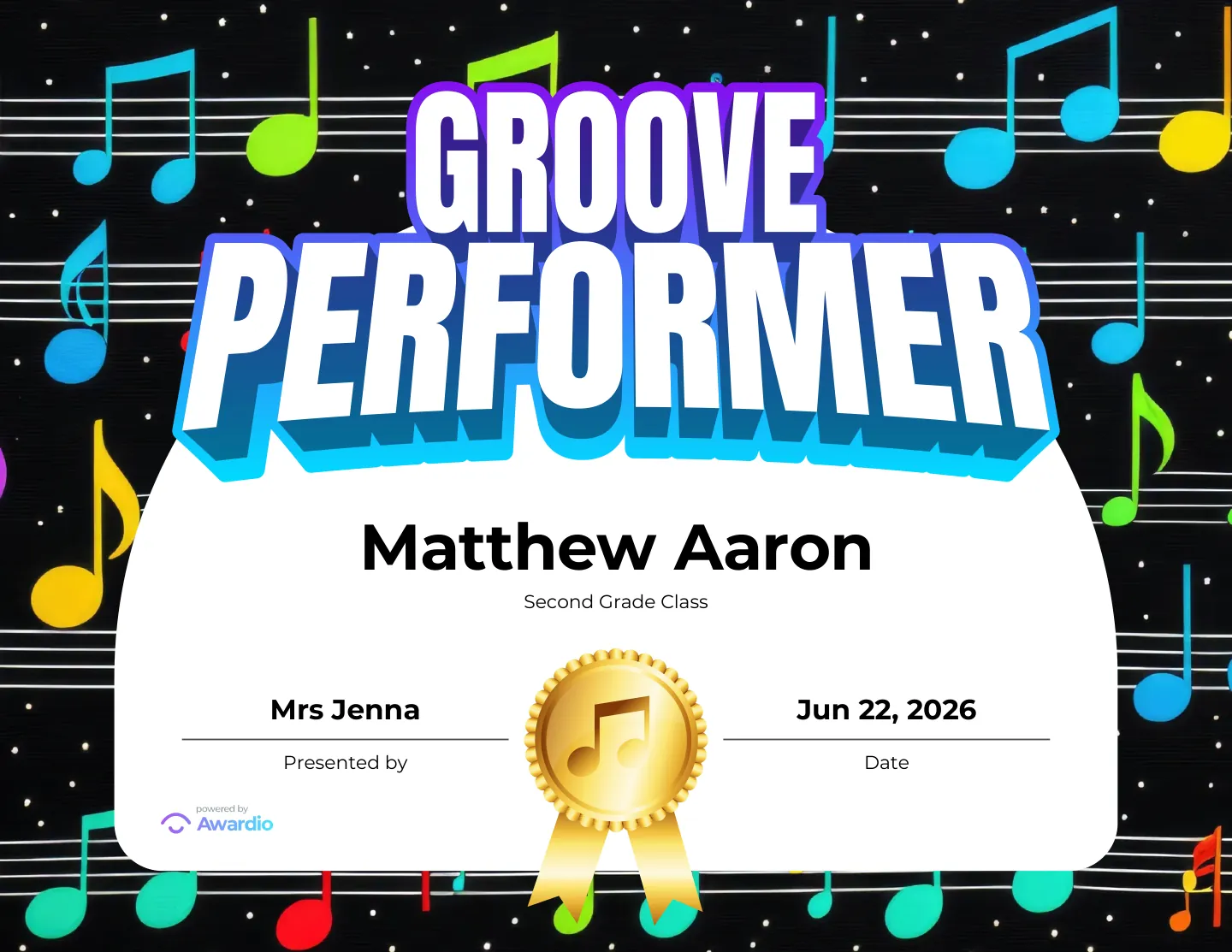Groove Performer drums award certificate as a digital keepsake for families