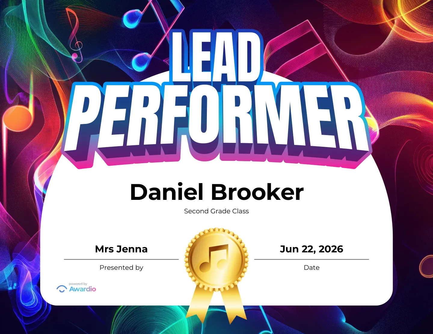 Lead Performer electric guitar award certificate you can print or share digitally