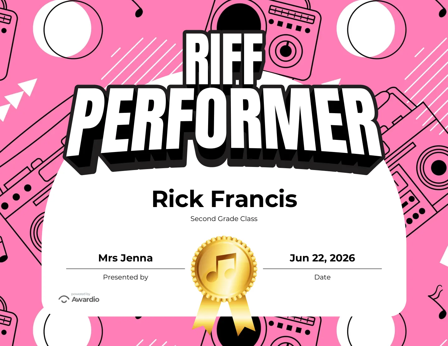 Riff Performer electric guitar award certificate, an award template for teachers and coaches