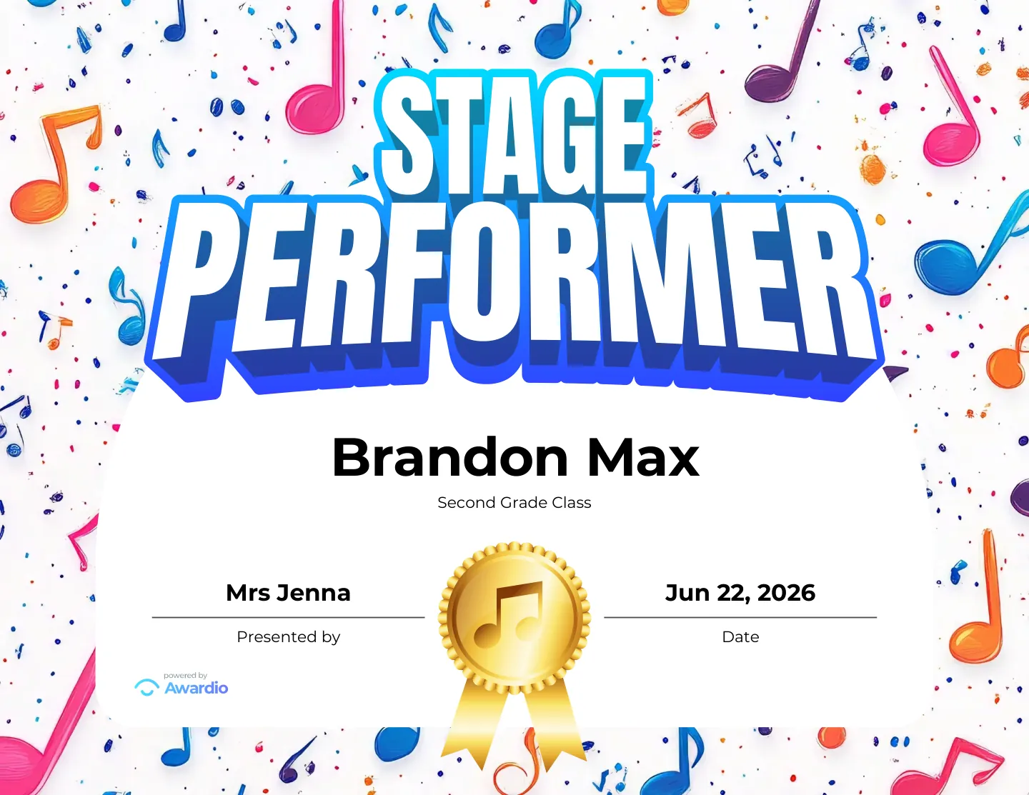 Stage Performer electric guitar award certificate you can personalize and print