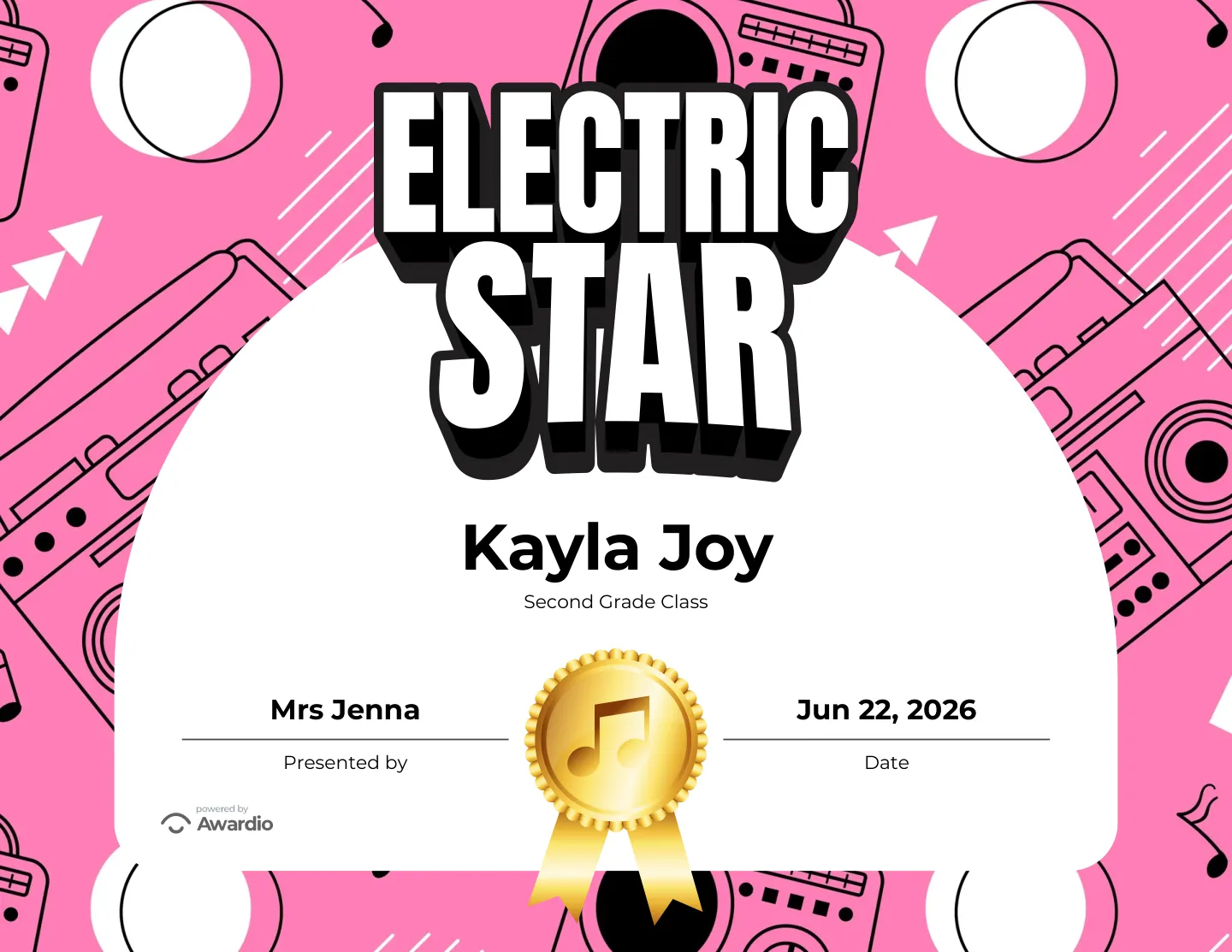 Electric Star award certificate for the classroom or to send home to parents