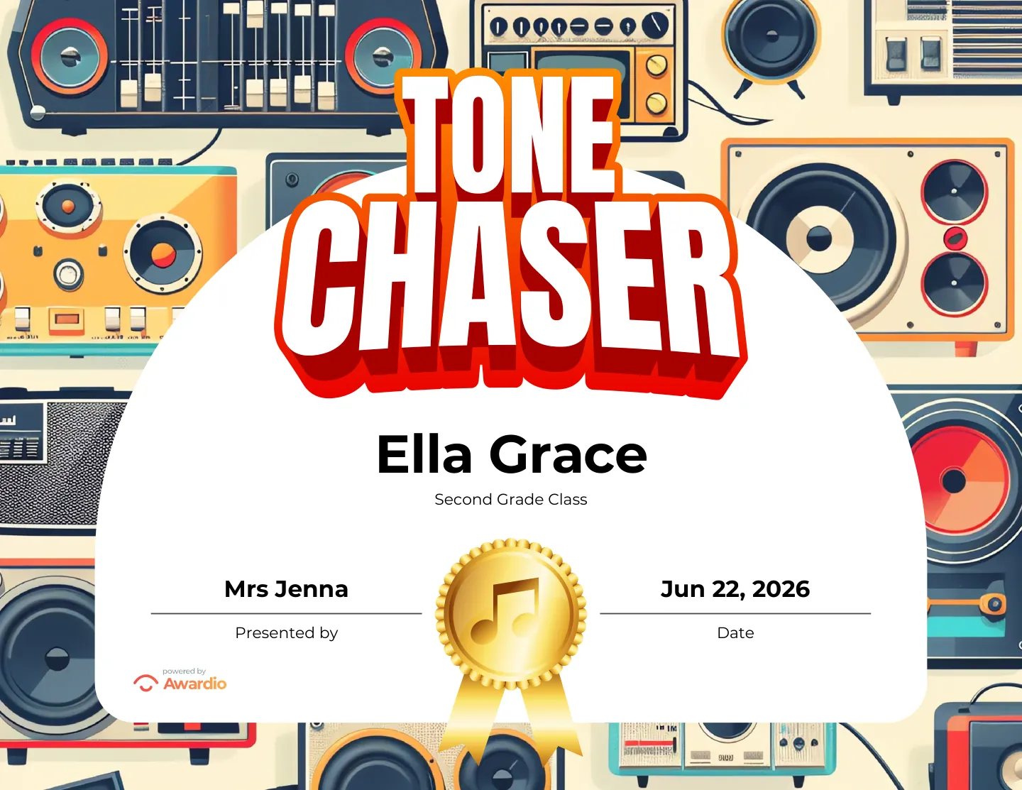 Tone Chaser electric guitar award certificate made in seconds with the free Awardio app