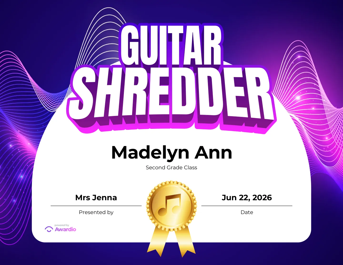 Guitar Shredder award certificate, a printable award kids are proud to receive