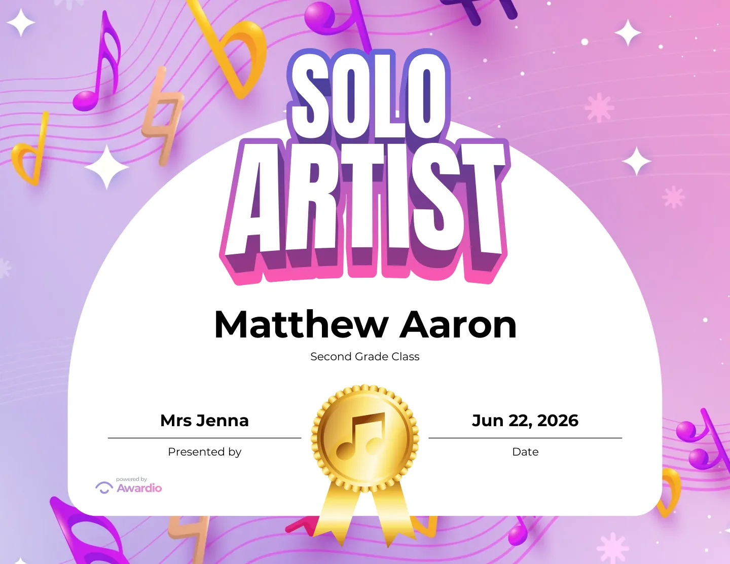 Solo Artist electric guitar award certificate as a digital keepsake for families