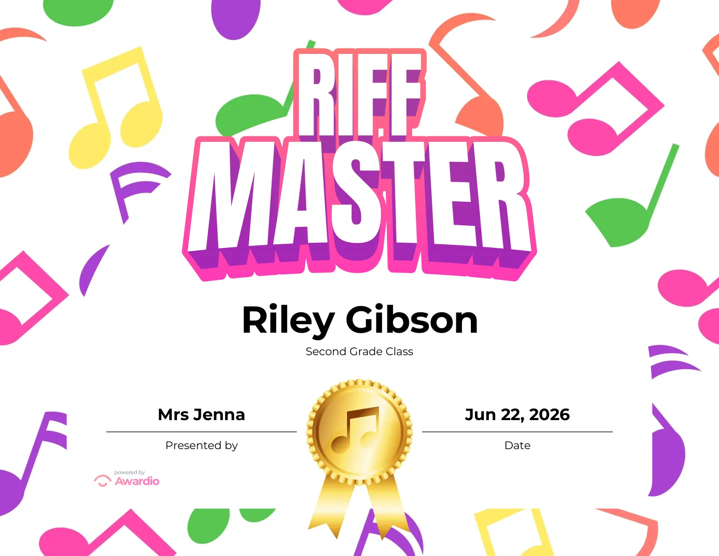Riff Master electric guitar award certificate to recognize a standout student