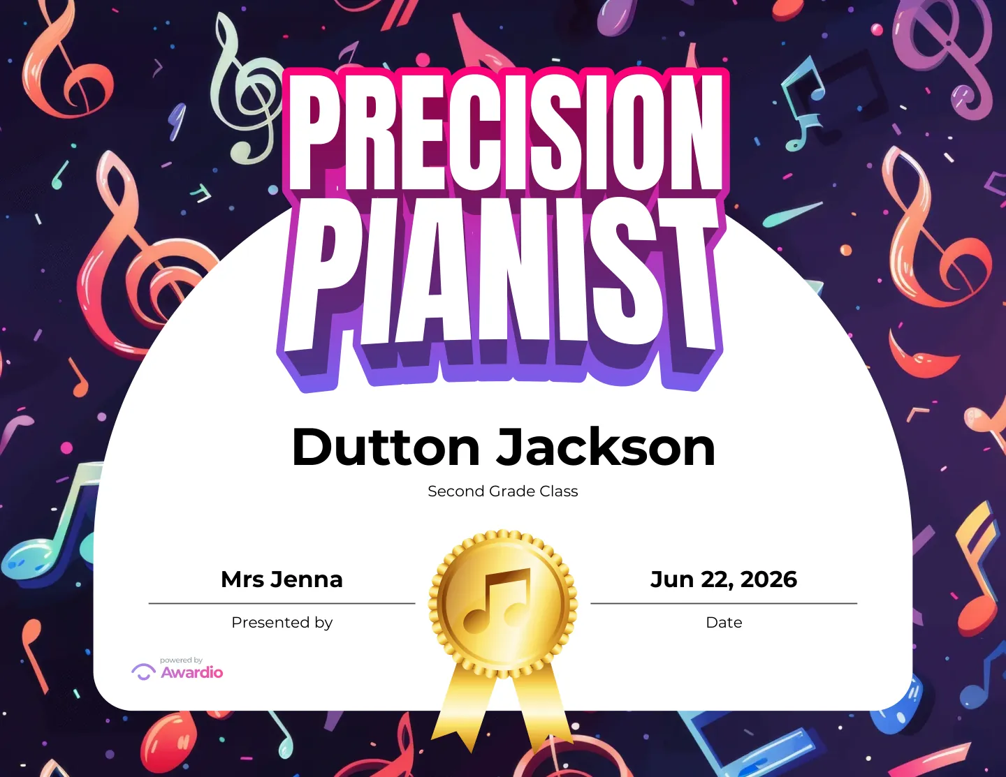 Precision Pianist piano award certificate, a free customizable design