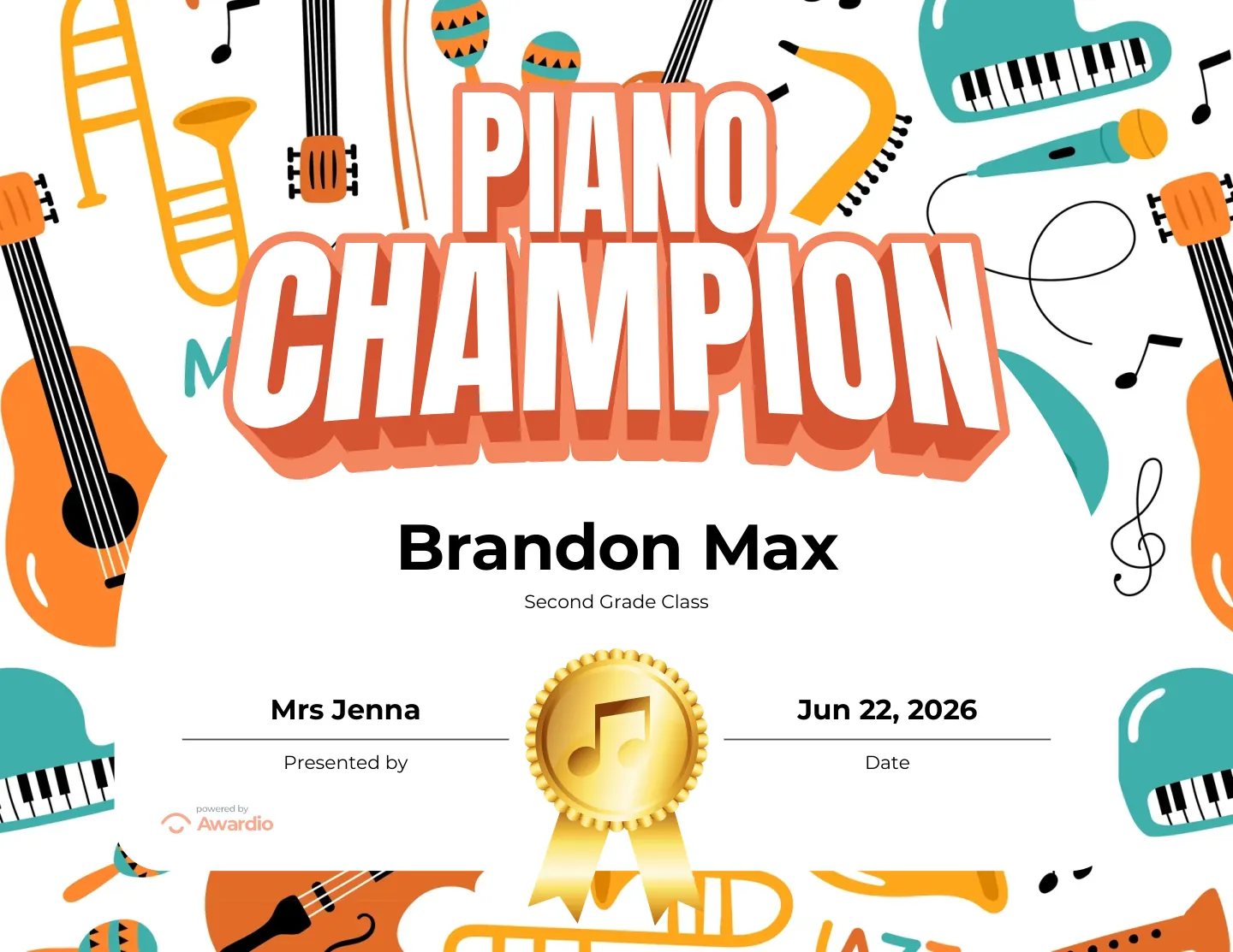 Piano Champion award certificate you can print or share digitally