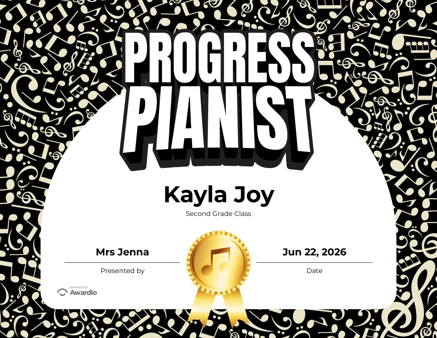 Progress Pianist piano award certificate, an award template for teachers and coaches