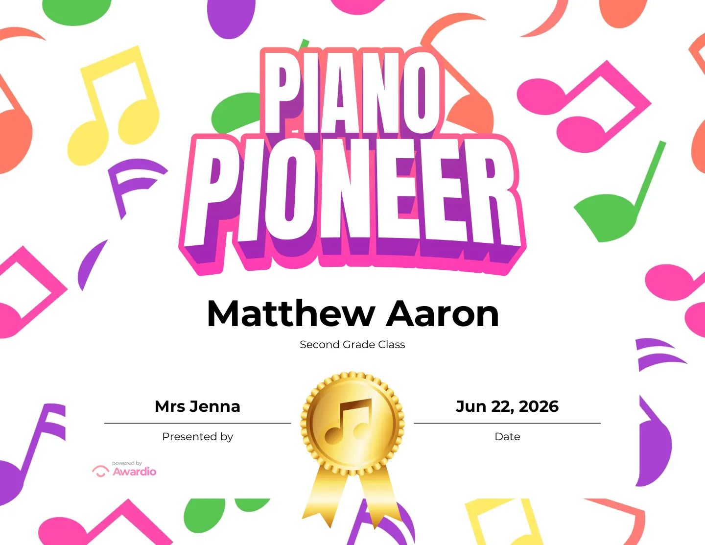 Piano Pioneer award certificate you can personalize and print