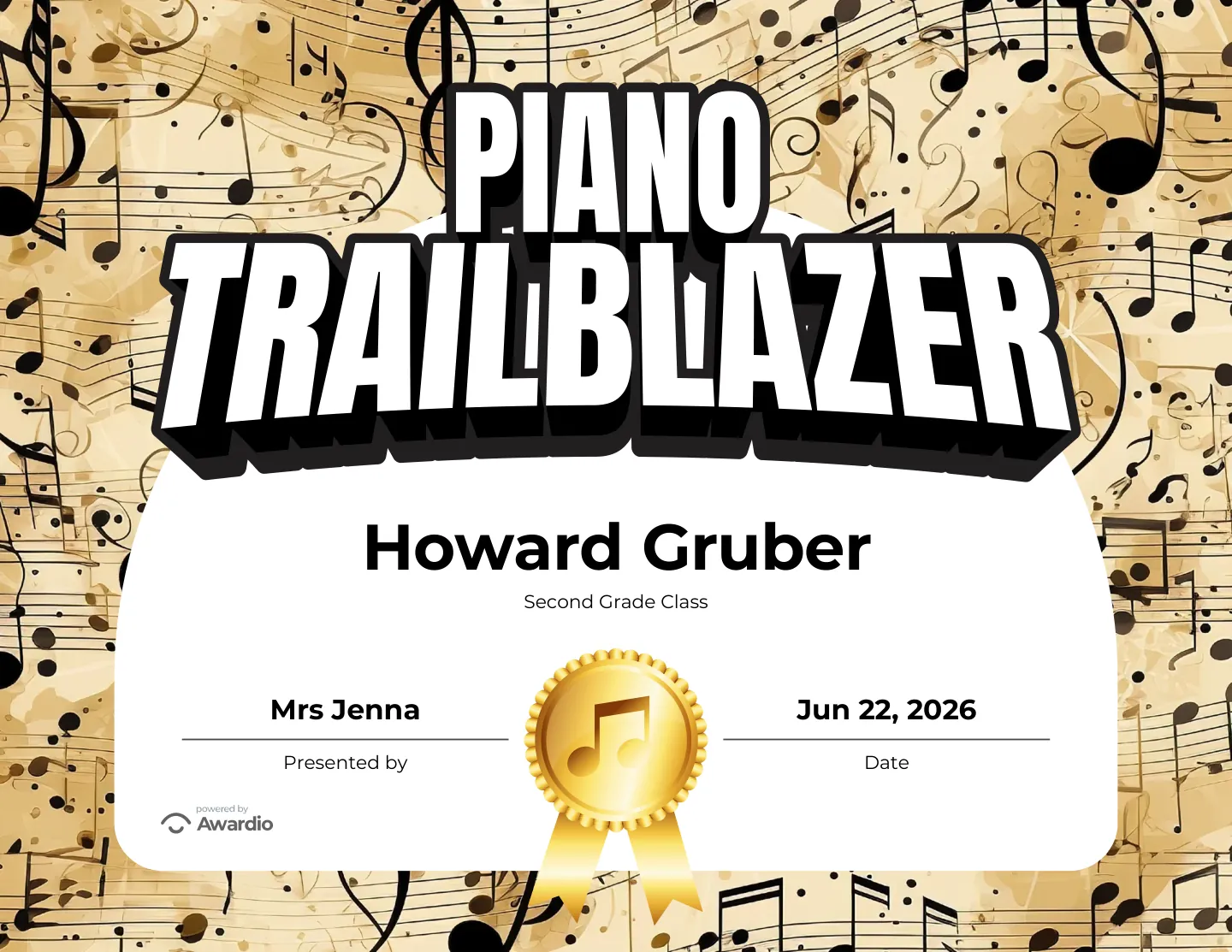 Piano Trailblazer award certificate for the classroom or to send home to parents