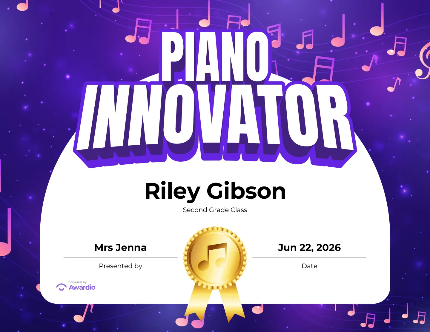 Piano Innovator award certificate made in seconds with the free Awardio app