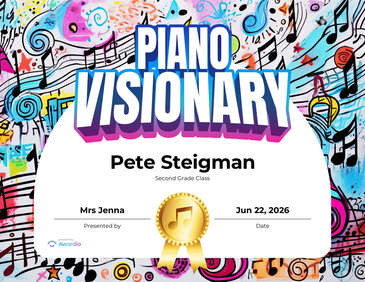 Piano Visionary award certificate, a printable award kids are proud to receive