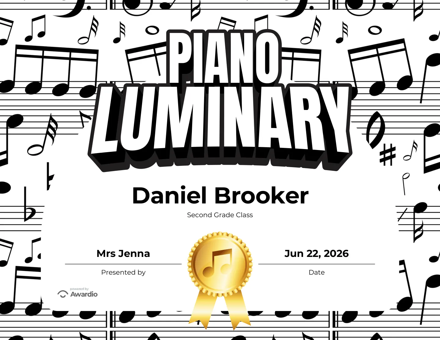 Piano Luminary award certificate as a digital keepsake for families