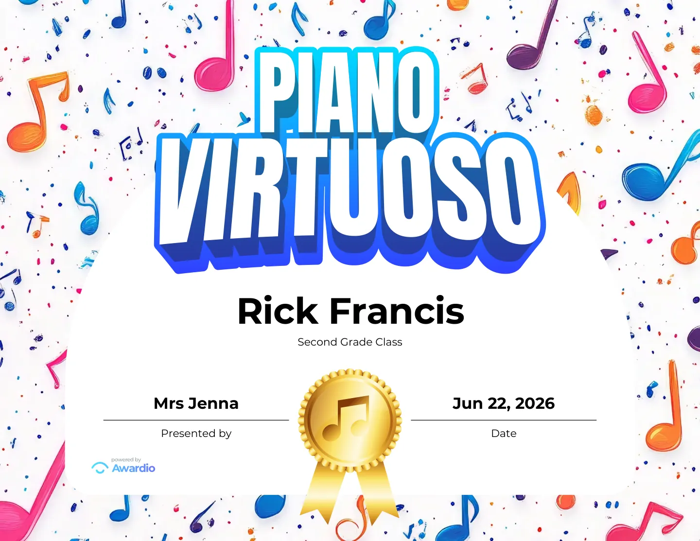 Piano Virtuoso award certificate, an editable certificate template