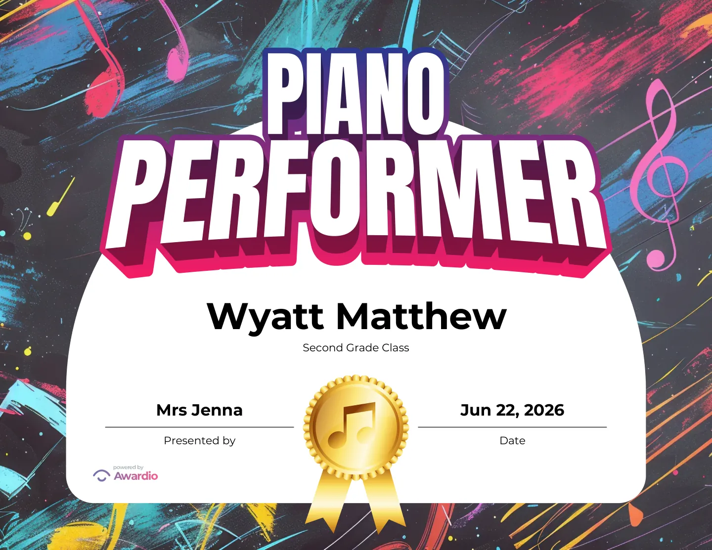 Piano Performer award certificate to recognize a standout student