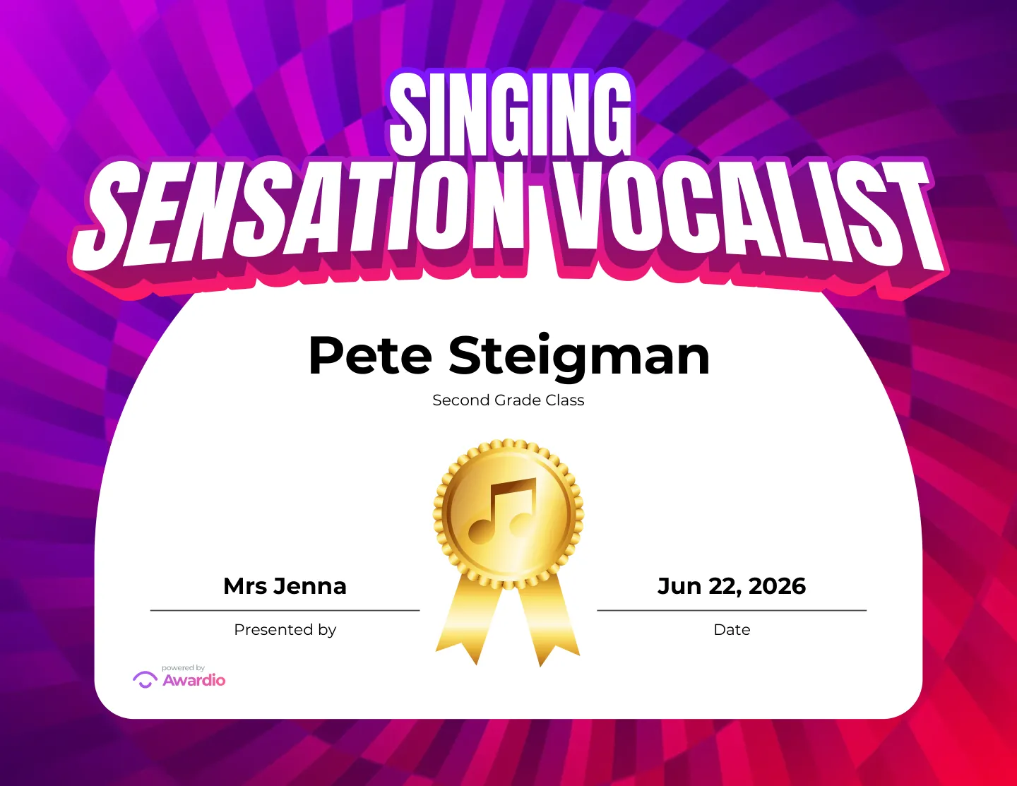 Singing Sensation Vocalist award certificate, a free customizable design