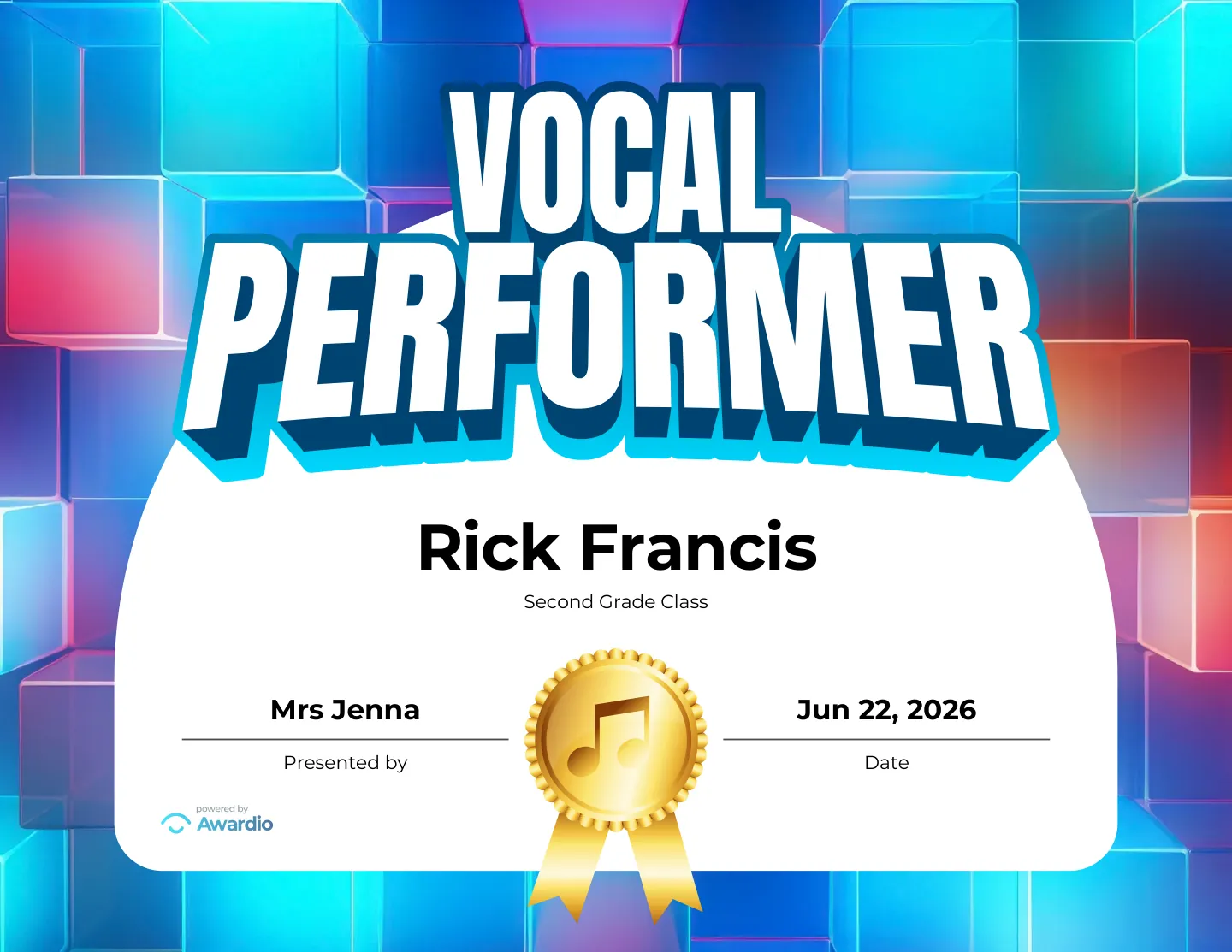 Vocal Performer singing award certificate, an award template for teachers and coaches