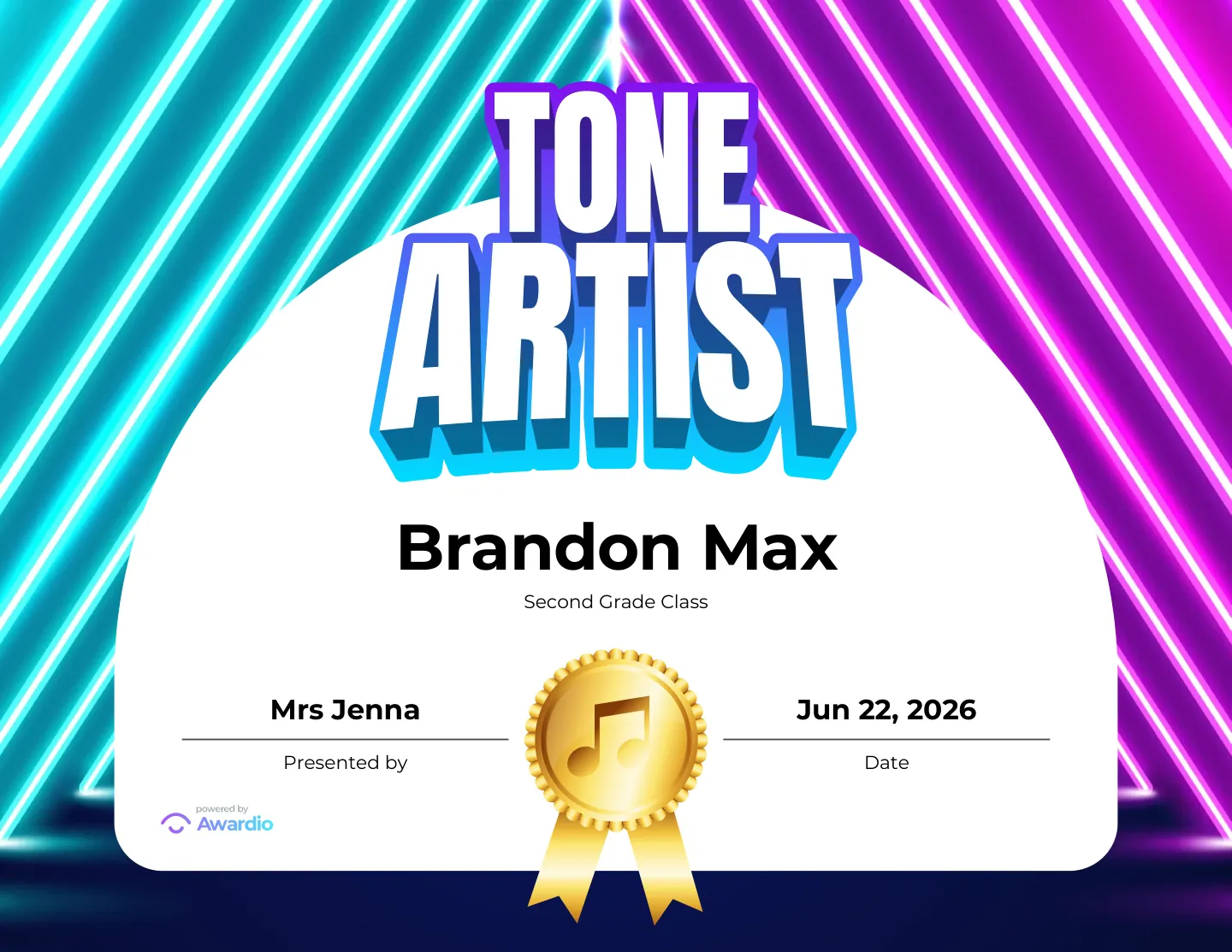 Tone Artist singing award certificate you can personalize and print