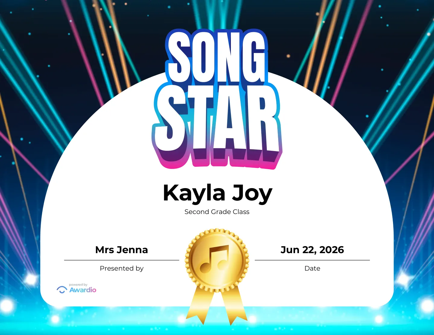 Song Star singing award certificate for the classroom or to send home to parents