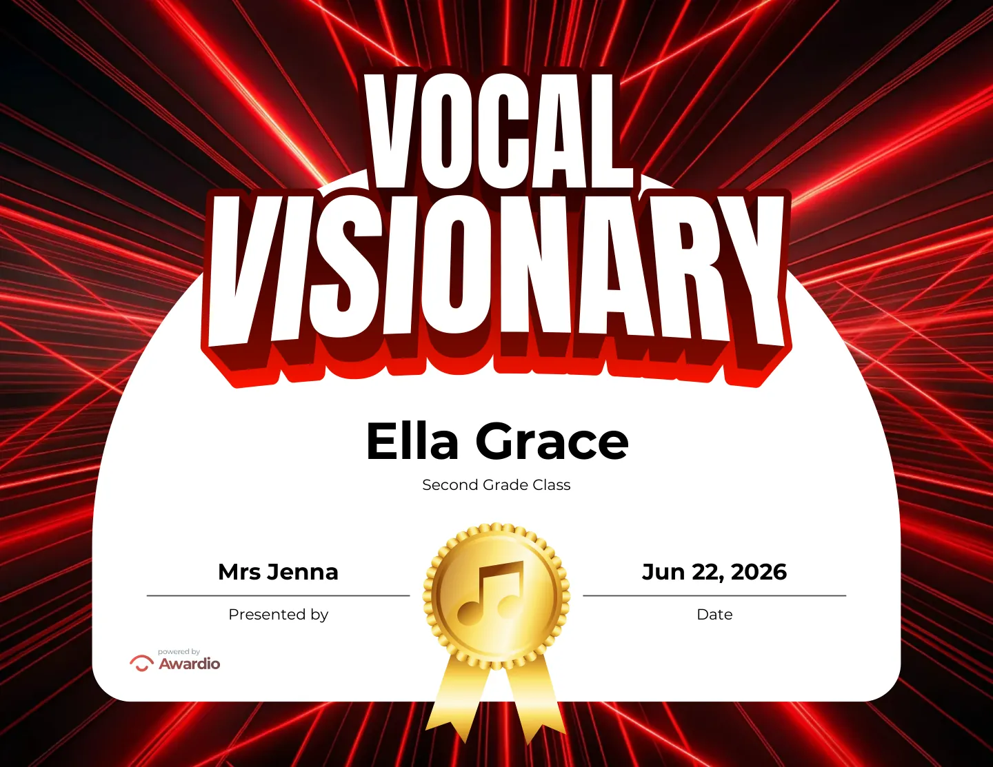 Vocal Visionary singing award certificate made in seconds with the free Awardio app