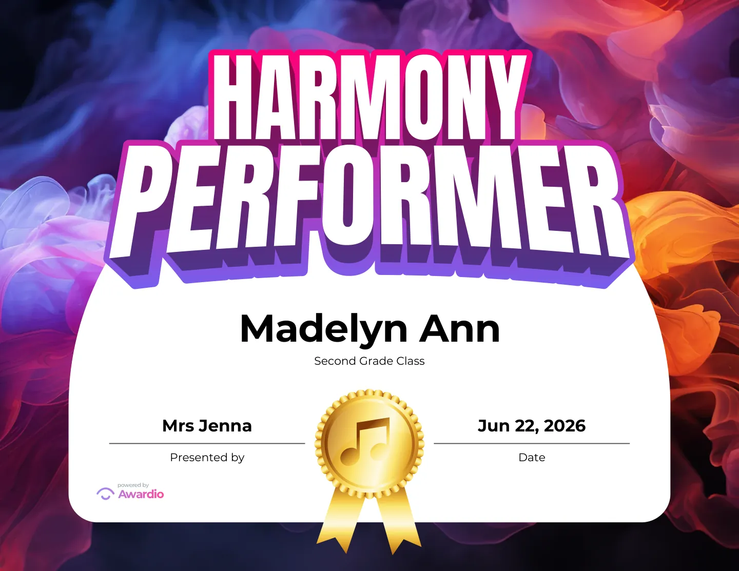 Harmony Performer singing award certificate, a printable award kids are proud to receive