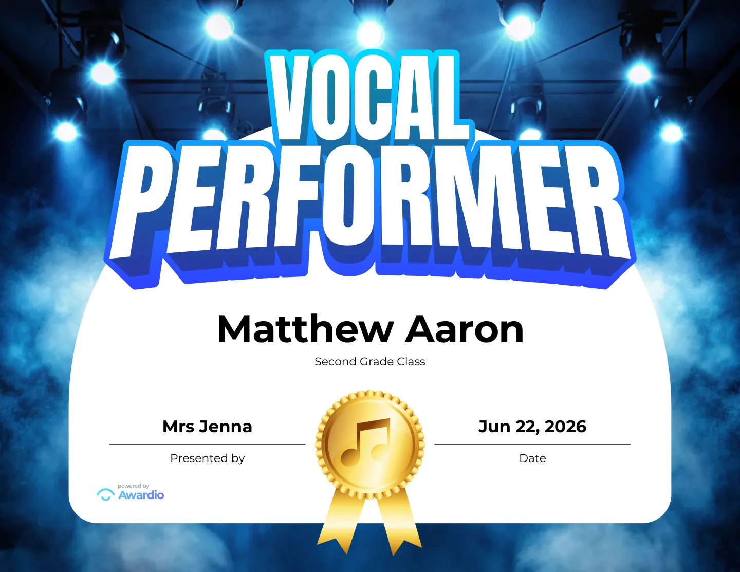 Vocal Performer singing award certificate as a digital keepsake for families
