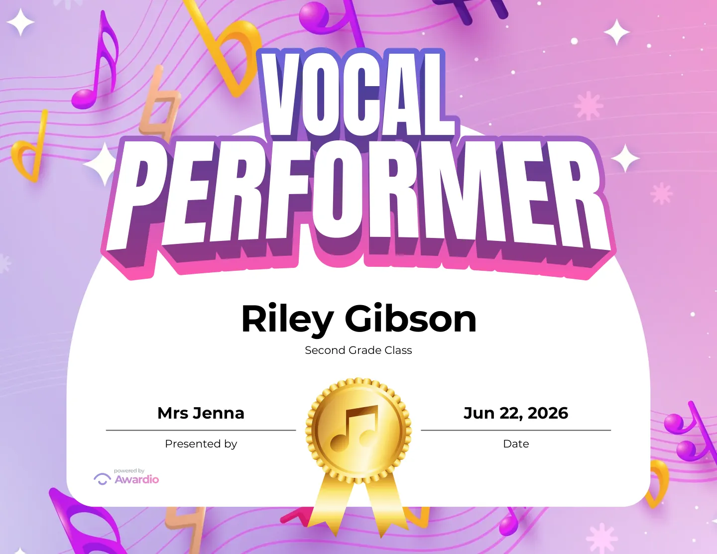 Vocal Performer singing award certificate to recognize a standout student