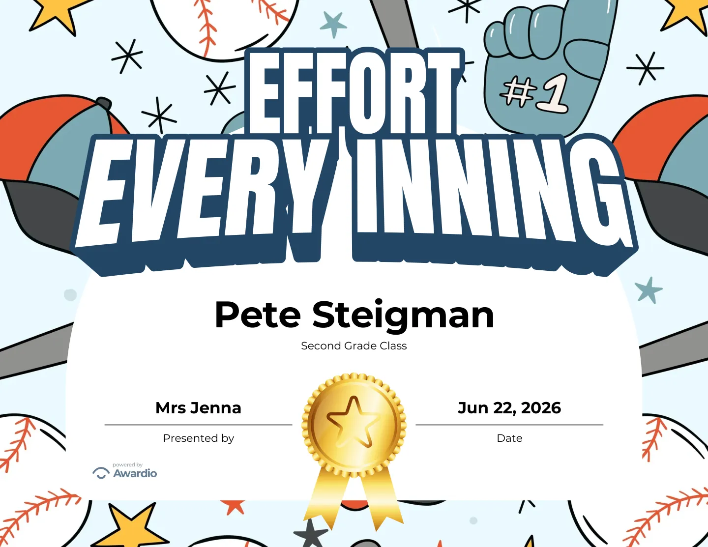 Effort Every Inning baseball award certificate, a free customizable design