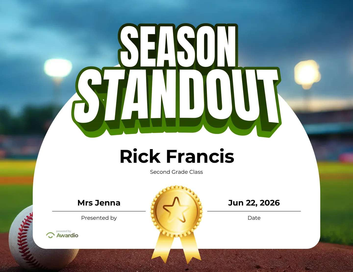 Season Standout baseball award certificate, an award template for teachers and coaches