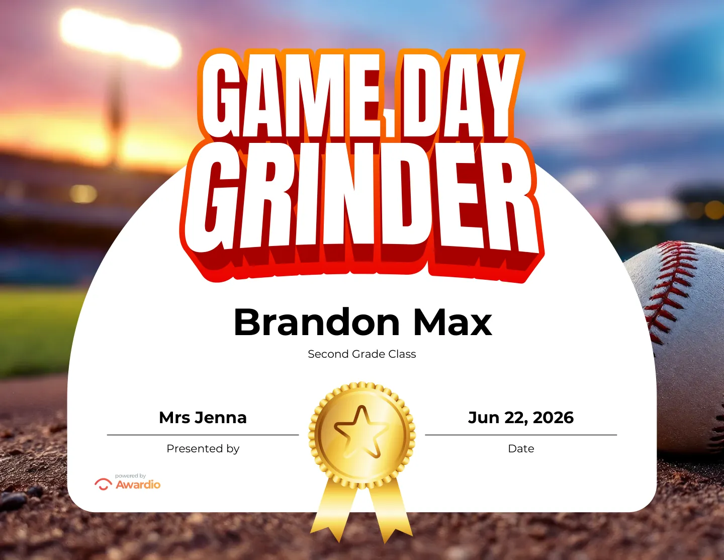 Game Day Grinder baseball award certificate you can personalize and print