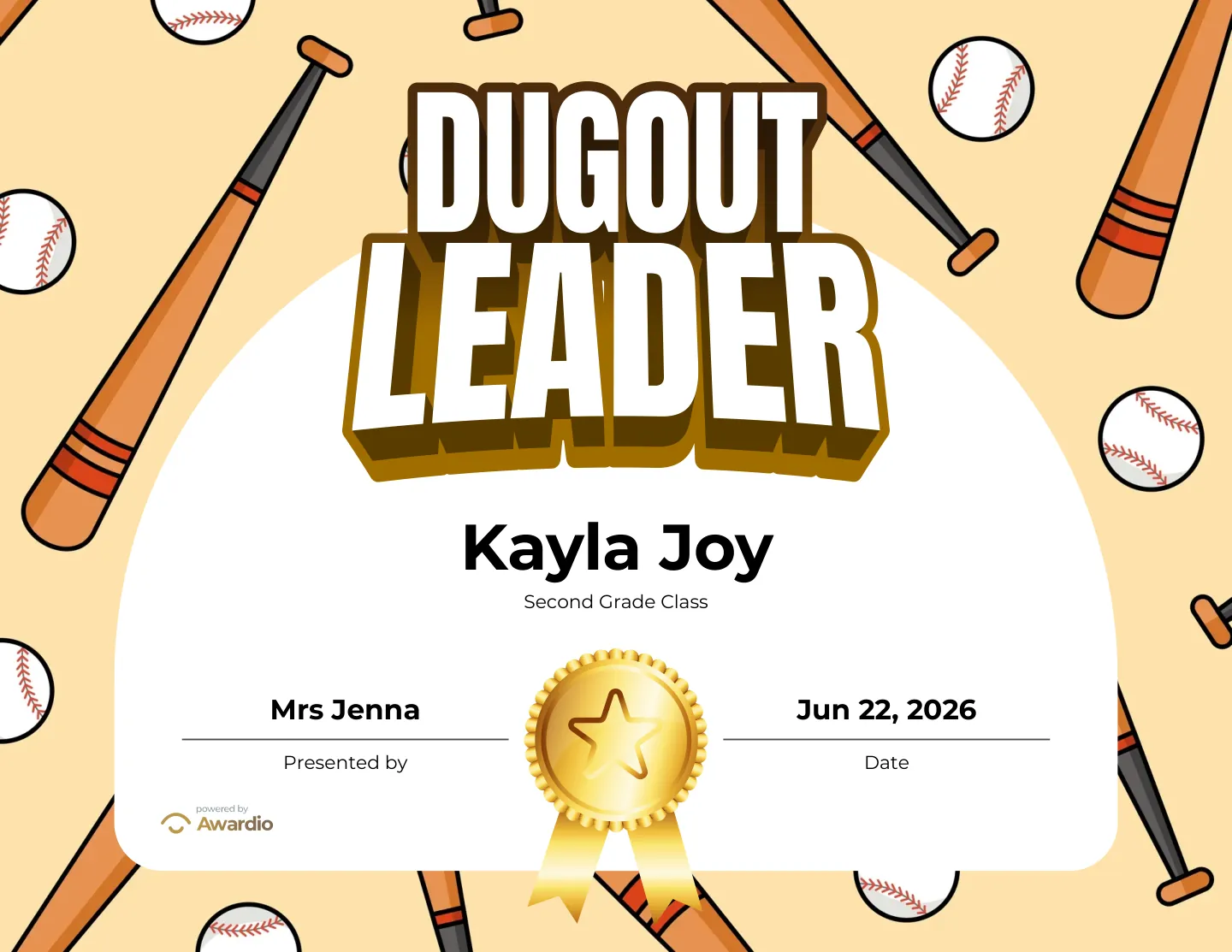 Dugout Leader baseball award certificate for the classroom or to send home to parents