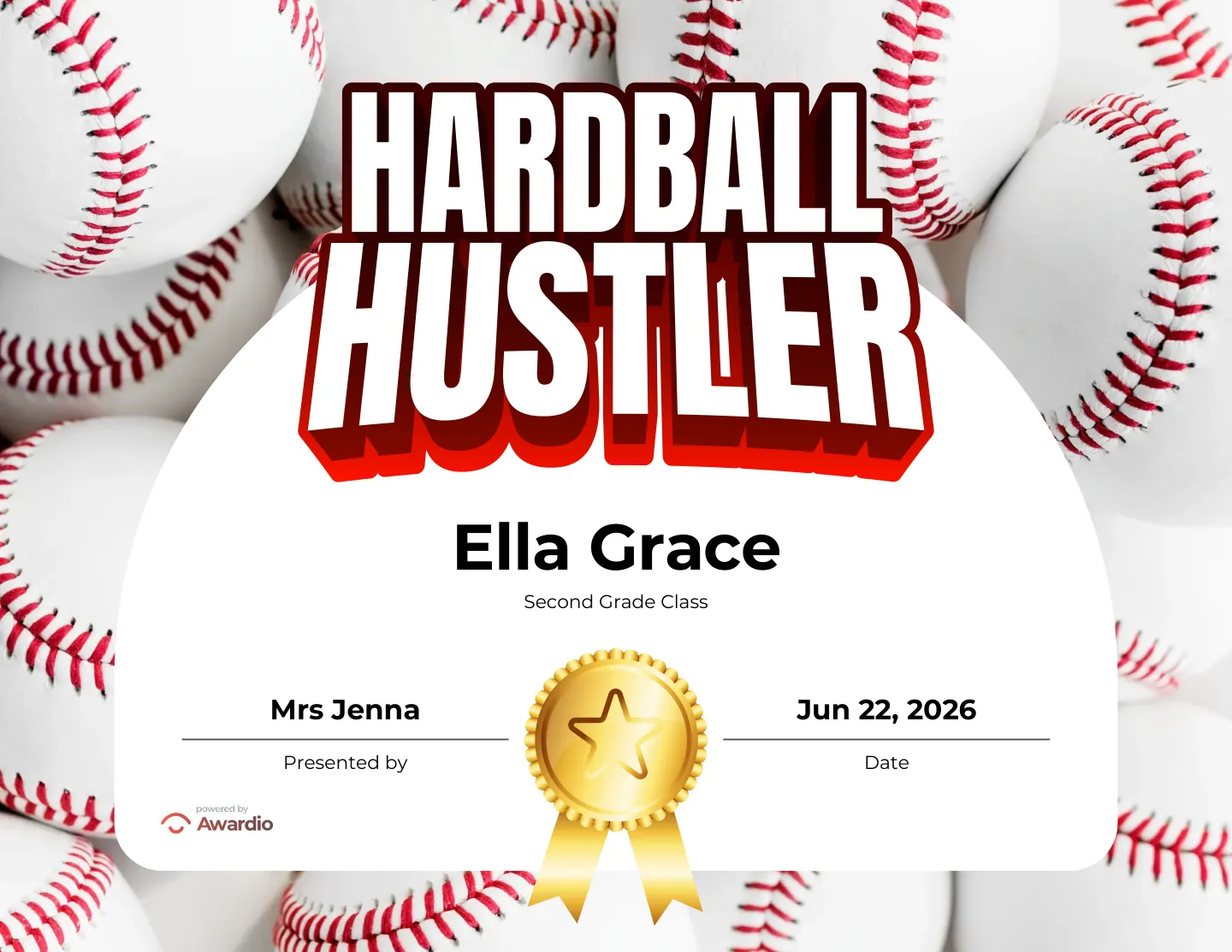 Hardball Hustler baseball award certificate made in seconds with the free Awardio app