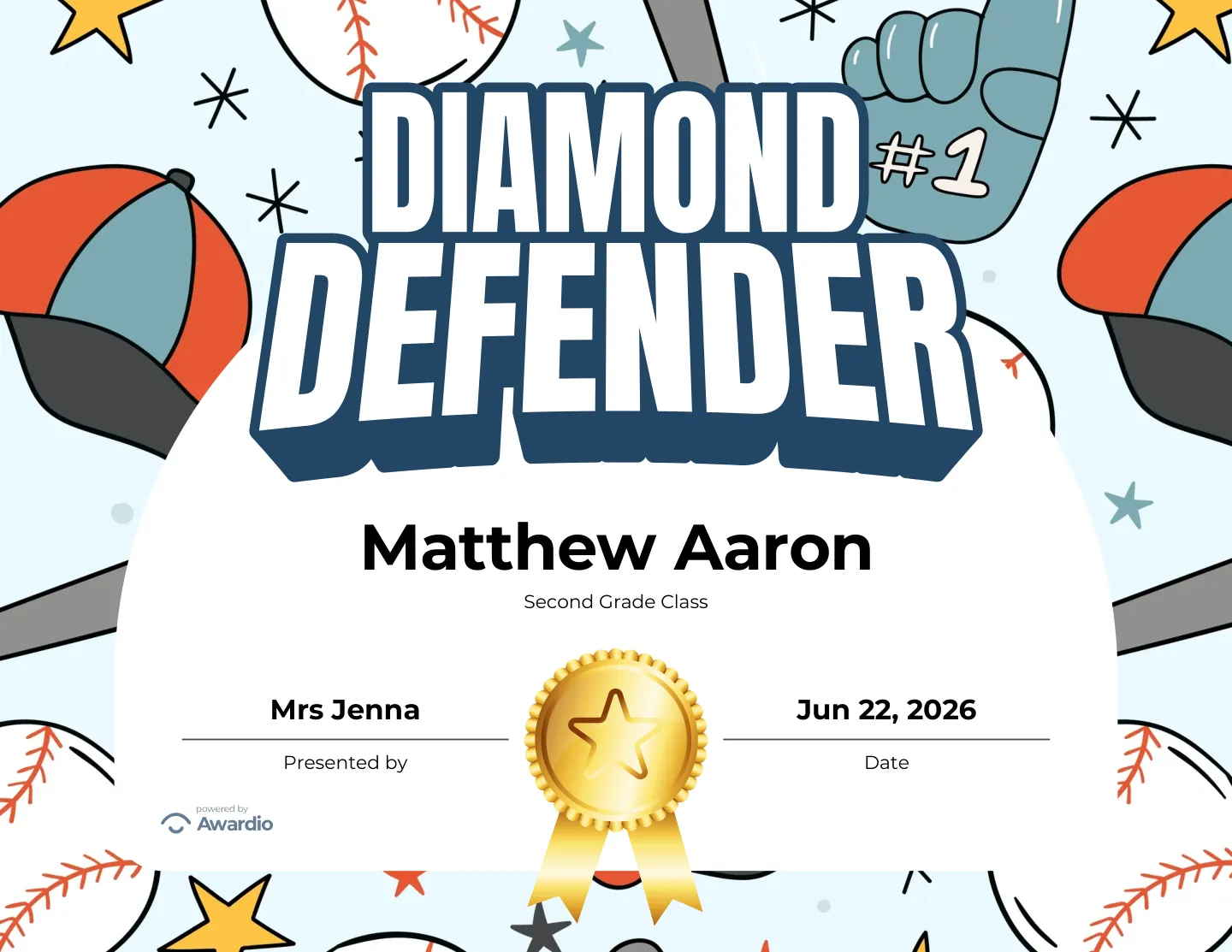 Diamond Defender baseball award certificate as a digital keepsake for families