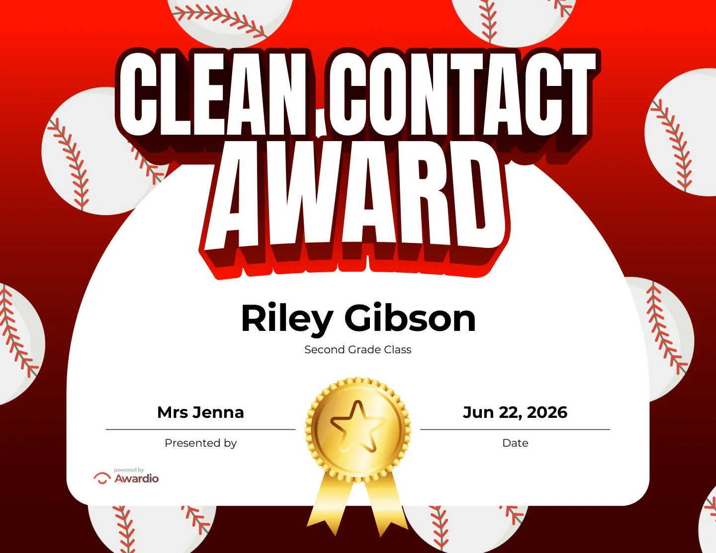 Clean Contact Award baseball certificate to recognize a standout student