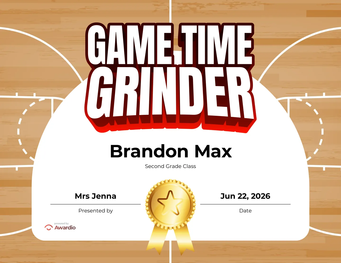 Game Time Grinder basketball award certificate you can personalize and print
