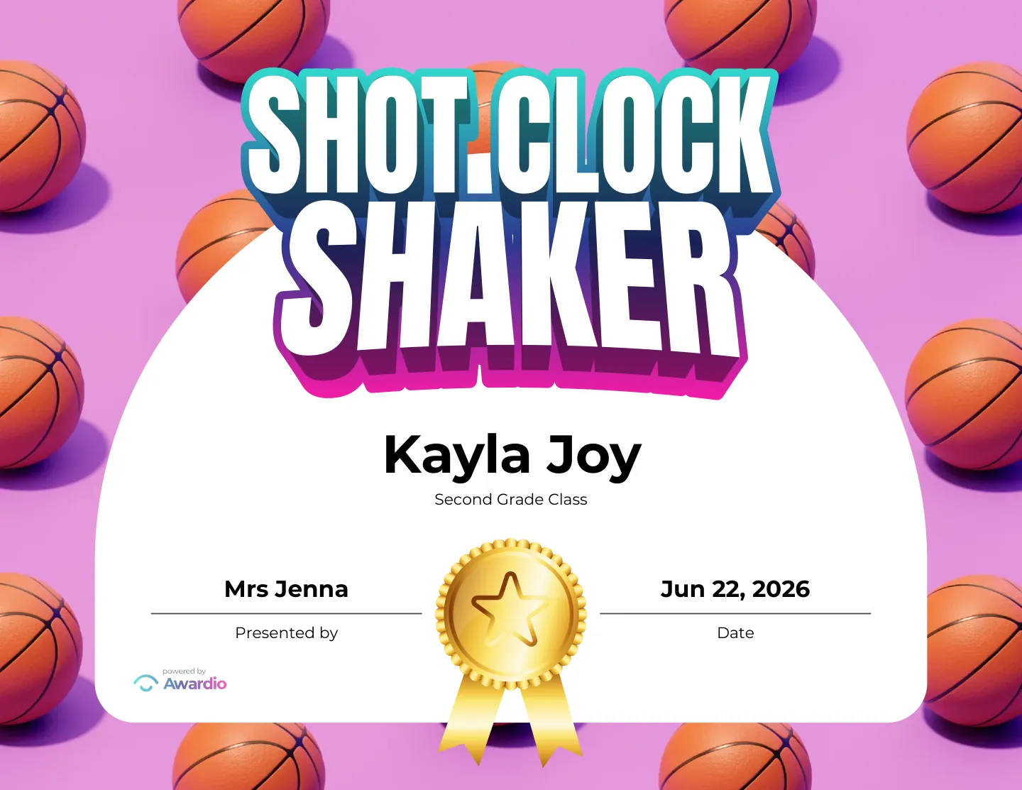 Shot Clock Shaker basketball award certificate for the classroom or to send home to parents