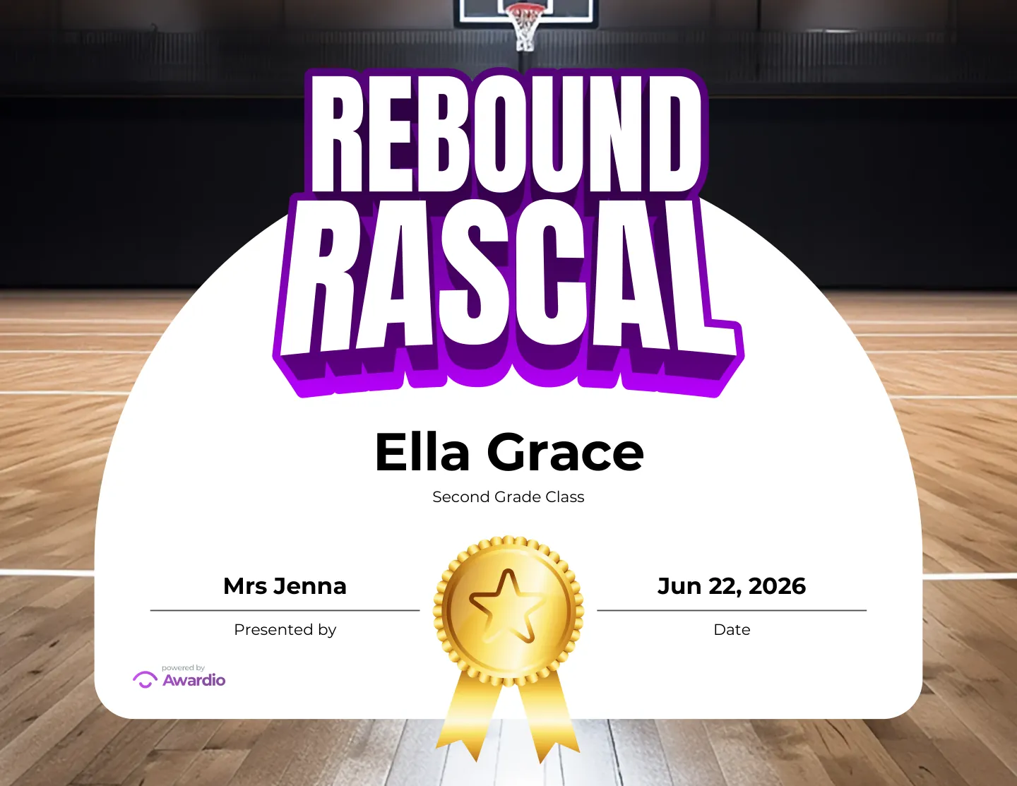 Rebound Rascal basketball award certificate made in seconds with the free Awardio app