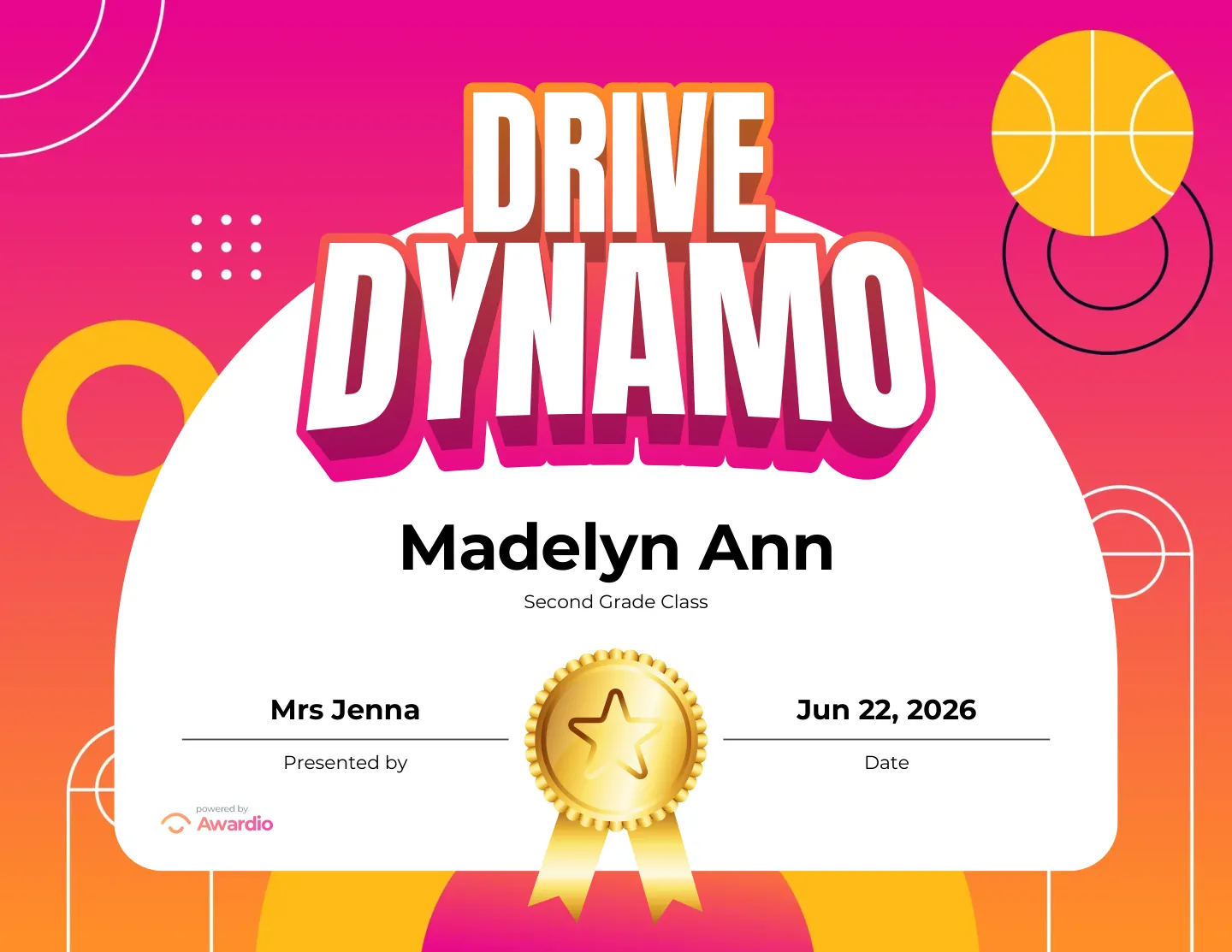 Drive Dynamo basketball award certificate, a printable award kids are proud to receive